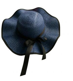 Vrouwen Strik Straw Weave Golvend Brede Rand Zonnebrandcrème Outdoor Strand Zonnehoed Cap Hoed marine blauw