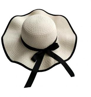 Vrouwen Strik Straw Weave Golvend Brede Rand Zonnebrandcrème Outdoor Strand Zonnehoed Cap Hoed melkachtig wit