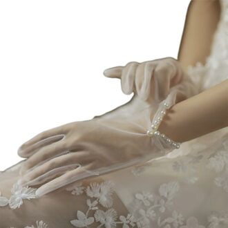 Vrouwen Sweet Wedding Sheer Korte Handschoenen Handgemaakte Faux Parel Pailletten Kralen Strik Decor Bridal Prom Party Wanten 1