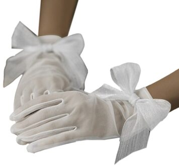 Vrouwen Sweet Wedding Sheer Korte Handschoenen Handgemaakte Faux Parel Pailletten Kralen Strik Decor Bridal Prom Party Wanten 3