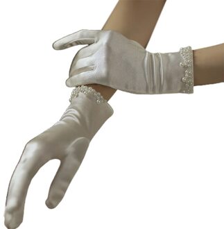 Vrouwen Sweet Wedding Sheer Korte Handschoenen Handgemaakte Faux Parel Pailletten Kralen Strik Decor Bridal Prom Party Wanten 5