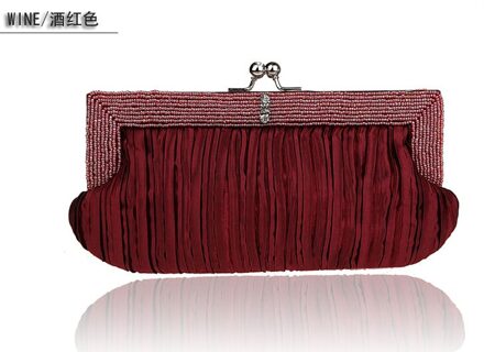 Vrouwen Tas Handtas Elegante Lange Avondtasje Geplooide Hand Gewikkeld Party Bag Dress Mooie Kralen Tas Leuke Side bag Purse wijn rood