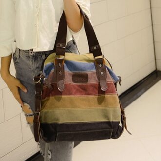 Vrouwen Tassen Panelled Canvas Tassen Toevallige Patchwork Handtas Schoudertassen Grote Winkelen Streep Regenboog Tas