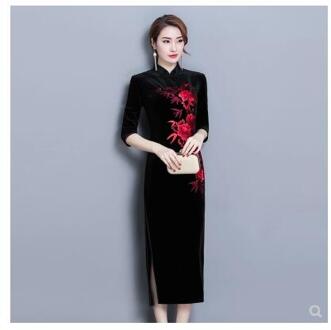 Vrouwen Traditionele Chinese Jurken Fluwelen Lange Cheongsam Qipao Borduurwerk Xxxl