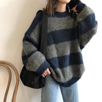 Vrouwen Trui Oversized Gebreide Trui Gestreepte Trui Losse Jumper Lange Mouwen Herfst Winter Casual Thicken Vrouwen blauw en grijs