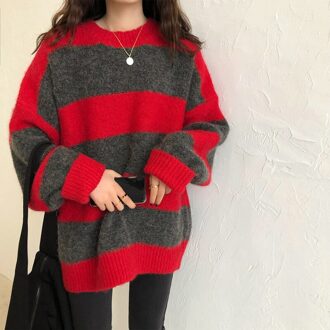 Vrouwen Trui Oversized Gebreide Trui Gestreepte Trui Losse Jumper Lange Mouwen Herfst Winter Casual Thicken Vrouwen rood-grijs stripes