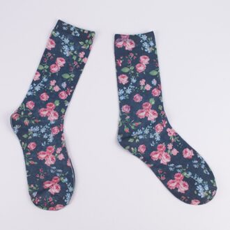 Vrouwen Tuin Bloemen Mid Calf Sokken Retro Bloemenprint Katoenen Sokken Ademend Soft Verkoop Stijlvolle Sox 3 Paar set 3 paar- (donker blauw)