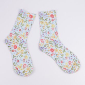 Vrouwen Tuin Bloemen Mid Calf Sokken Retro Bloemenprint Katoenen Sokken Ademend Soft Verkoop Stijlvolle Sox 3 Paar set 3 paar- (licht blauw)