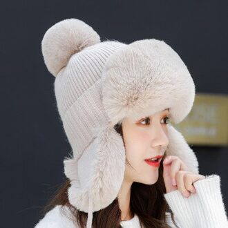 Vrouwen Ushanka Hoed Katoen Breien Pluche Caps Voor Mannen Meisjes Solid Soft Warm Winter Oorklep Winddicht Kinderen Cap beige