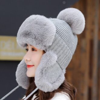 Vrouwen Ushanka Hoed Katoen Breien Pluche Caps Voor Mannen Meisjes Solid Soft Warm Winter Oorklep Winddicht Kinderen Cap grijs