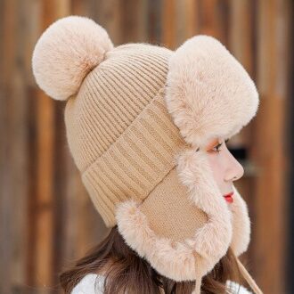 Vrouwen Ushanka Hoed Katoen Breien Pluche Caps Voor Mannen Meisjes Solid Soft Warm Winter Oorklep Winddicht Kinderen Cap khaki