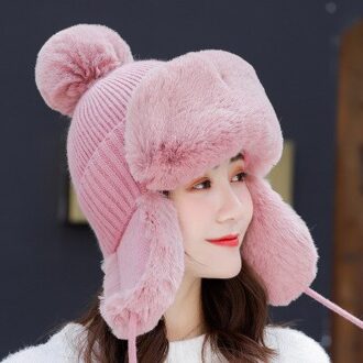 Vrouwen Ushanka Hoed Katoen Breien Pluche Caps Voor Mannen Meisjes Solid Soft Warm Winter Oorklep Winddicht Kinderen Cap roze