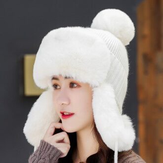 Vrouwen Ushanka Hoed Katoen Breien Pluche Caps Voor Mannen Meisjes Solid Soft Warm Winter Oorklep Winddicht Kinderen Cap wit