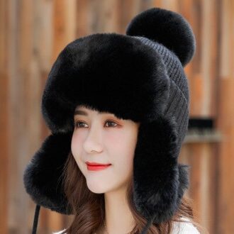 Vrouwen Ushanka Hoed Katoen Breien Pluche Caps Voor Mannen Meisjes Solid Soft Warm Winter Oorklep Winddicht Kinderen Cap zwart