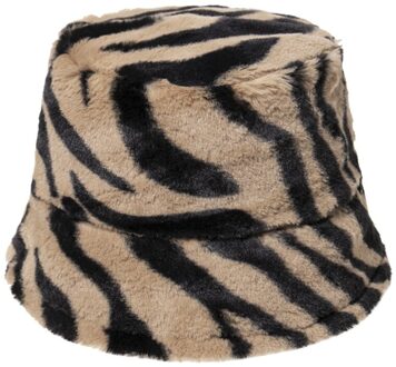Vrouwen Vintage Zebra Gestreepte Fuzzy Pluche Dome Emmer Hoed Winter Thicken Warm Zonnebrandcrème Platte Top Panama Visser Cap Bruin