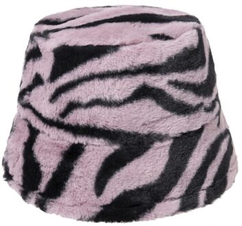 Vrouwen Vintage Zebra Gestreepte Fuzzy Pluche Dome Emmer Hoed Winter Thicken Warm Zonnebrandcrème Platte Top Panama Visser Cap Roze