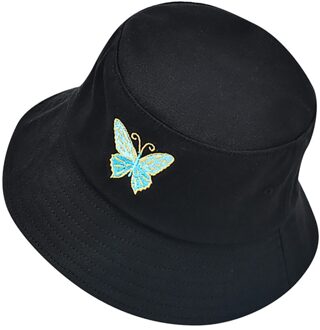 Vrouwen Vlinder Borduurwerk Opvouwbare Anti-Zonnebrand Emmer Zonnehoed Cap Eenvoudige Ins Netto Rode Dezelfde Stijl Multicolor Visser hoed zwart