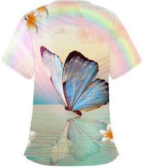 Vrouwen Werken Uniform Kerst Thanksgiving Blouse Korte Mouw Butterfly Gedrukt V-hals Dubbele Zakken Verpleegkundige Tops