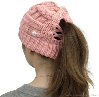 Vrouwen Winter Kabel Gebreide Stretch Beanie Hoed Met Afneembare Beschermen Oren Zijknoppen Criss Cross Paardenstaart Schedel Cap M19 21 -roze