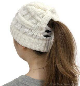 Vrouwen Winter Kabel Gebreide Stretch Beanie Hoed Met Afneembare Beschermen Oren Zijknoppen Criss Cross Paardenstaart Schedel Cap M19 21 -W