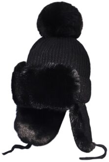 Vrouwen Winter Knit Pom Pom Trapper Hoed Dikke Pluizige Pluche Thermische Warme Sneeuw Ski Winddicht Effen Kleur Beanie Oorklep Cap zwart