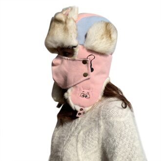 Vrouwen Winter Pluche Gevoerd Warm Trapper Hoed Met Gezichtsmasker Kat Oren Oorklep Cap Y1QD zwart