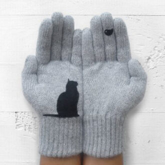 Vrouwen Winter Warme Handschoenen Mode Kat Vogel Afdrukken Patchwork Wollen Wanten Casual Outdoor Sport Warm Koud Volledige Vingers Handschoenen grijs