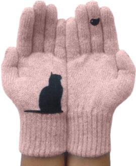 Vrouwen Winter Warme Handschoenen Mode Kat Vogel Afdrukken Patchwork Wollen Wanten Casual Outdoor Sport Warm Koud Volledige Vingers Handschoenen roze