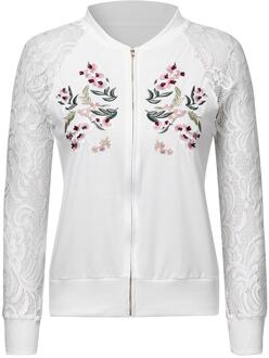 Vrouwen Witte Sport Jas Lange Mouw Bloem Geborduurde Gedrukt Perspectief Rits Jas Voor Vrouwelijke Outdoor Running Kleding