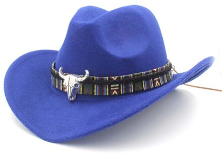 Vrouwen Wol Hollow Western Cowboy Hoed Roll-Up Wide Brim Lady Cowgirl Jazz Paardensport Sombrero Cap Met Kwastje Tauren lint blauw