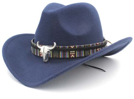 Vrouwen Wol Hollow Western Cowboy Hoed Roll-Up Wide Brim Lady Cowgirl Jazz Paardensport Sombrero Cap Met Kwastje Tauren lint donker blauw