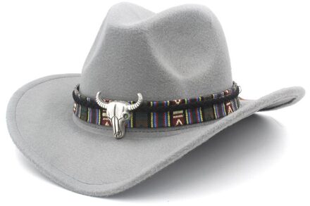 Vrouwen Wol Hollow Western Cowboy Hoed Roll-Up Wide Brim Lady Cowgirl Jazz Paardensport Sombrero Cap Met Kwastje Tauren lint grijs