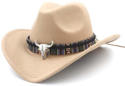 Vrouwen Wol Hollow Western Cowboy Hoed Roll-Up Wide Brim Lady Cowgirl Jazz Paardensport Sombrero Cap Met Kwastje Tauren lint khaki