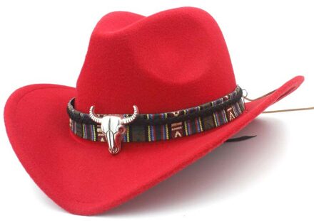 Vrouwen Wol Hollow Western Cowboy Hoed Roll-Up Wide Brim Lady Cowgirl Jazz Paardensport Sombrero Cap Met Kwastje Tauren lint rood