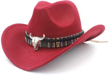 Vrouwen Wol Hollow Western Cowboy Hoed Roll-Up Wide Brim Lady Cowgirl Jazz Paardensport Sombrero Cap Met Kwastje Tauren lint wijn rood