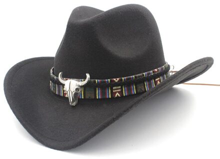 Vrouwen Wol Hollow Western Cowboy Hoed Roll-Up Wide Brim Lady Cowgirl Jazz Paardensport Sombrero Cap Met Kwastje Tauren lint zwart