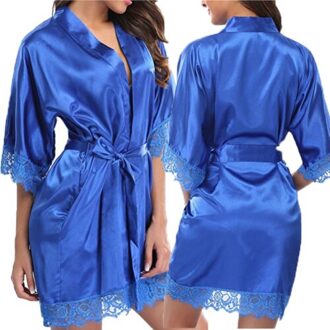 Vrouwen Zijde Satijn Robe Bruid Bruidsmeisje Jurk Bruiloft Kimono Badjas Nachtkleding Blauw
