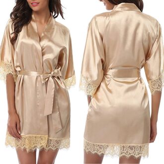 Vrouwen Zijde Satijn Robe Bruid Bruidsmeisje Jurk Bruiloft Kimono Badjas Nachtkleding Goud