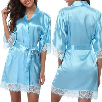 Vrouwen Zijde Satijn Robe Bruid Bruidsmeisje Jurk Bruiloft Kimono Badjas Nachtkleding lucht blauw