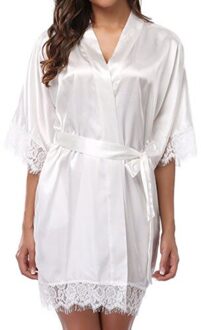 Vrouwen Zijde Satijn Robe Bruid Bruidsmeisje Jurk Bruiloft Kimono Badjas Nachtkleding wit