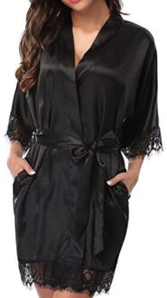 Vrouwen Zijde Satijn Robe Bruid Bruidsmeisje Jurk Bruiloft Kimono Badjas Nachtkleding zwart