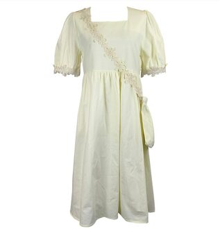 Vrouwen Zomer Jurk Koreaanse Stijl Effen Kleur Vierkante Hals Bloem Rand Bladerdeeg Mouw Jurk Met Zak Losse Jurken DE325 Beige