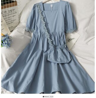 Vrouwen Zomer Jurk Koreaanse Stijl Effen Kleur Vierkante Hals Bloem Rand Bladerdeeg Mouw Jurk Met Zak Losse Jurken DE325 blauw