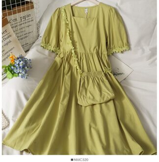Vrouwen Zomer Jurk Koreaanse Stijl Effen Kleur Vierkante Hals Bloem Rand Bladerdeeg Mouw Jurk Met Zak Losse Jurken DE325 groen