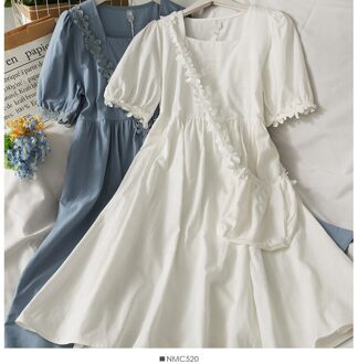 Vrouwen Zomer Jurk Koreaanse Stijl Effen Kleur Vierkante Hals Bloem Rand Bladerdeeg Mouw Jurk Met Zak Losse Jurken DE325 wit