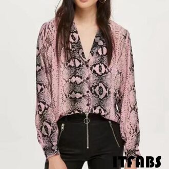 Vrouwen Zomer Leopard Snake Print Lange Mouwen Button V-hals Shirt Casual Blouse Tops Roze / M