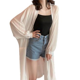 Vrouwen Zomer Mouw Effen Kleur Anti Zon Dunne Vest Midi Jas Vrouwelijke Zomer Strand Kimono Lange Batwing Beige
