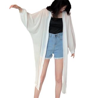 Vrouwen Zomer Mouw Effen Kleur Anti Zon Dunne Vest Midi Jas Vrouwelijke Zomer Strand Kimono Lange Batwing wit