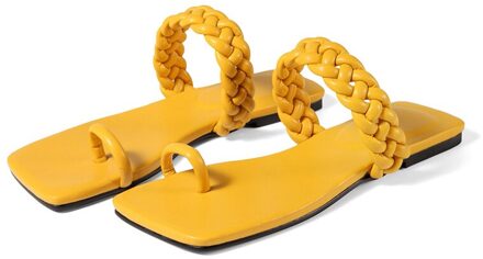 Vrouwen Zomer Strand Slippers Schoenen Weave Pu Leather Clip Teen Dames Mode Slippers Vierkante Teen Slides Vrouwelijke Platte Sandalen 7.5