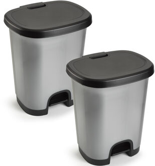 vuilvisbak Pedaalemmer - 2x - zilver/zwart - 18 liter - 33 x 28 x 40 cm - kunststof - a